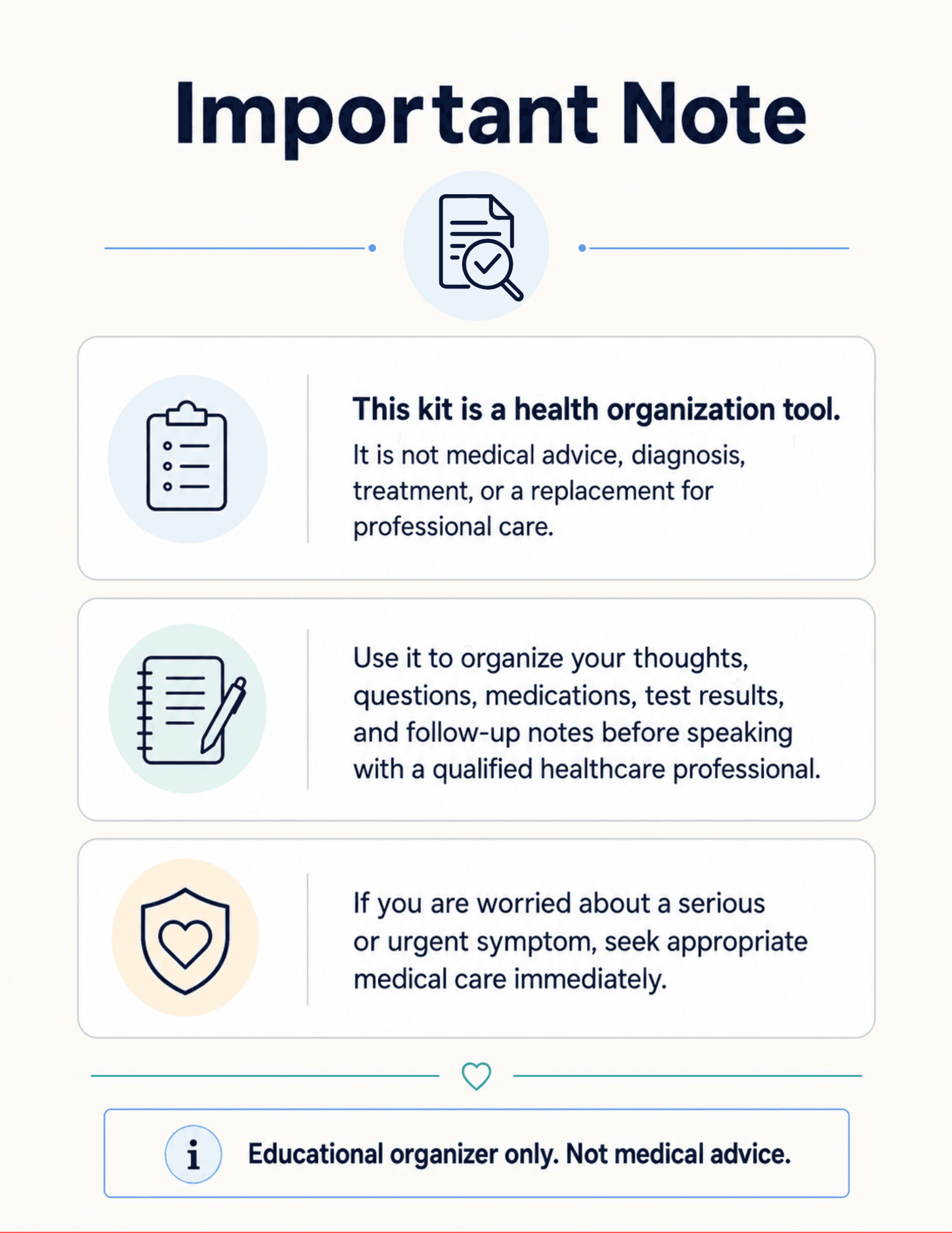 Important note page from the Doctor Visit Prep Kit